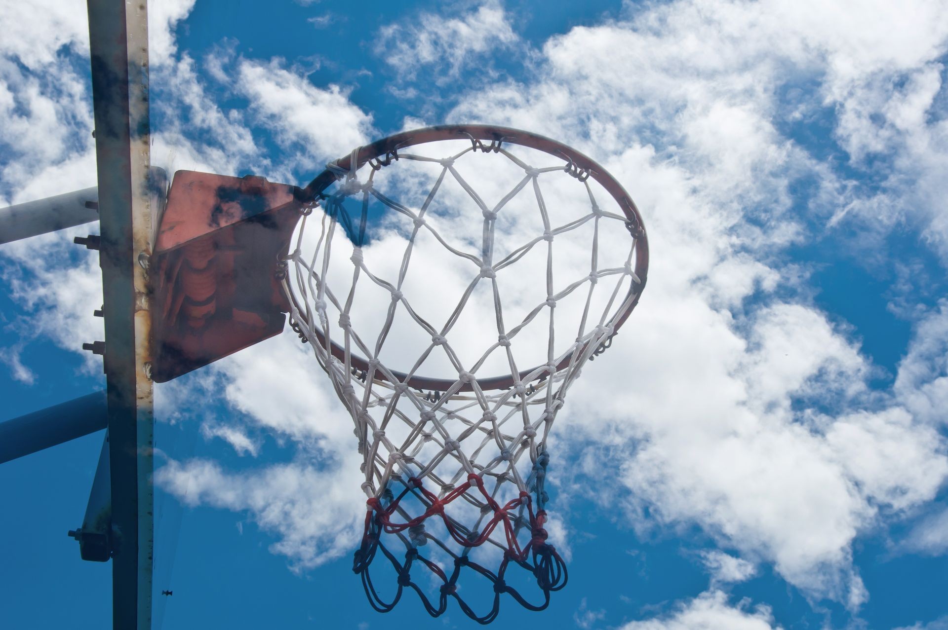 empty basketball hoop with blue sky